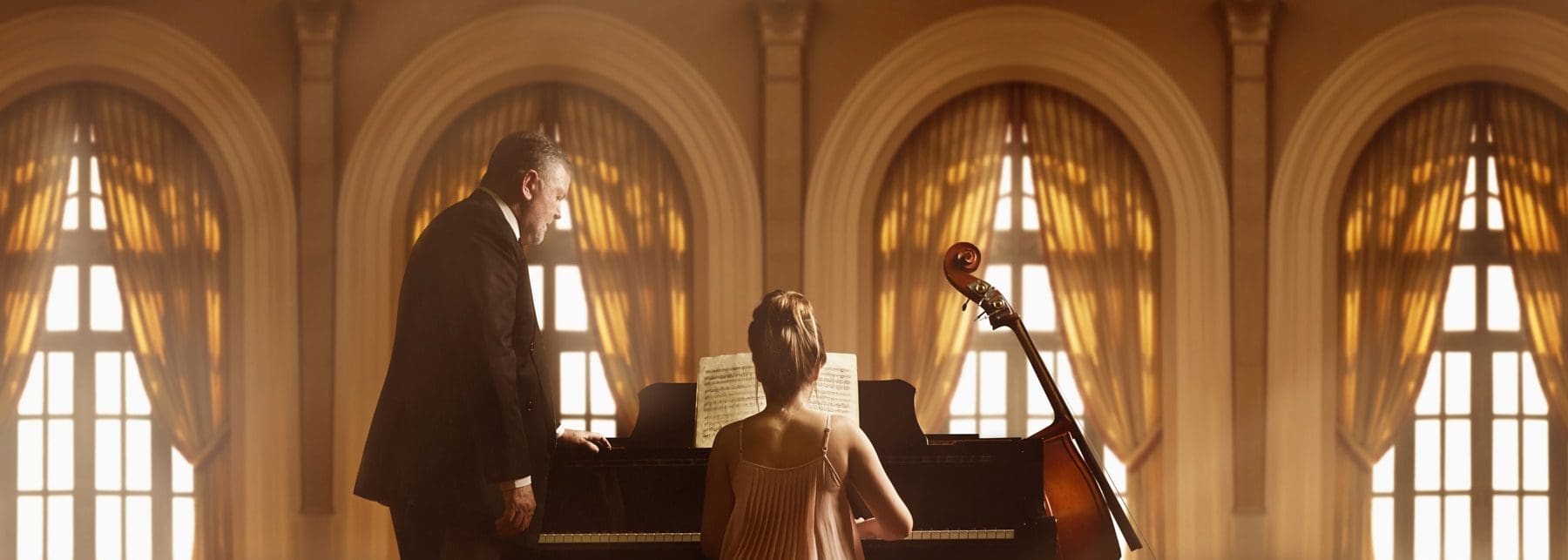 A child playing the piano with a mentor by their side in an ornate setting